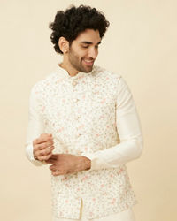 Twamev Men Cream Embroidered Kurta Jacket Set