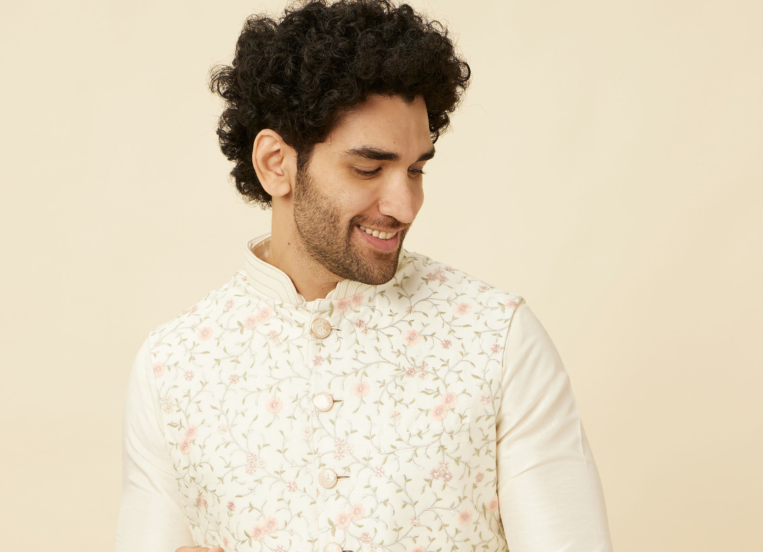 Twamev Men Cream Embroidered Kurta Jacket Set