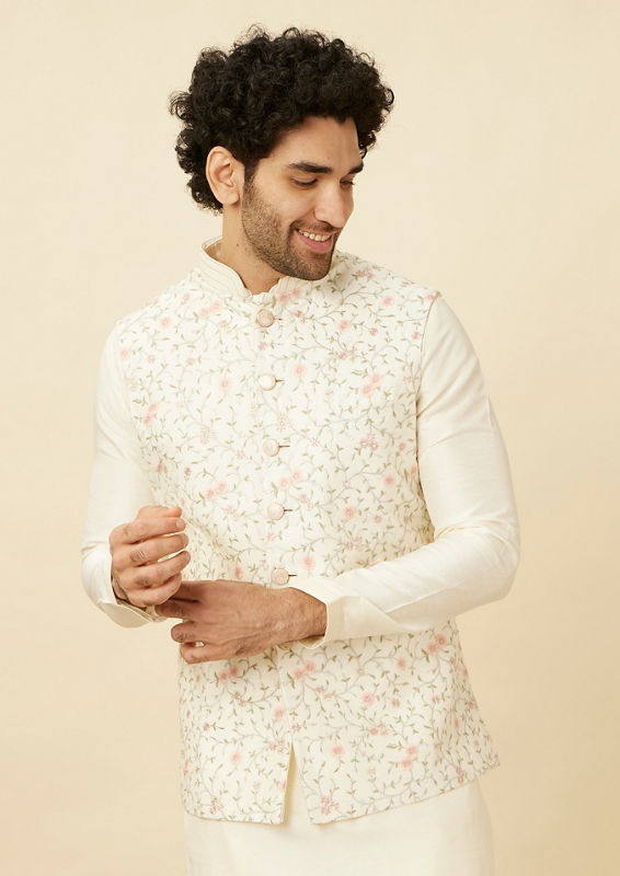 alt message - Twamev Men Cream Embroidered Kurta Jacket Set image number 0