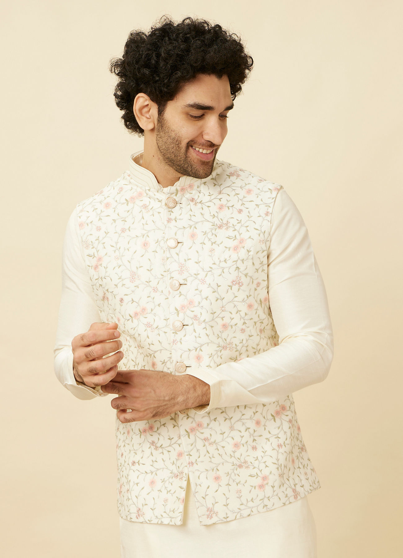 Twamev Men Cream Embroidered Kurta Jacket Set