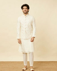 Twamev Men Cream Embroidered Kurta Jacket Set