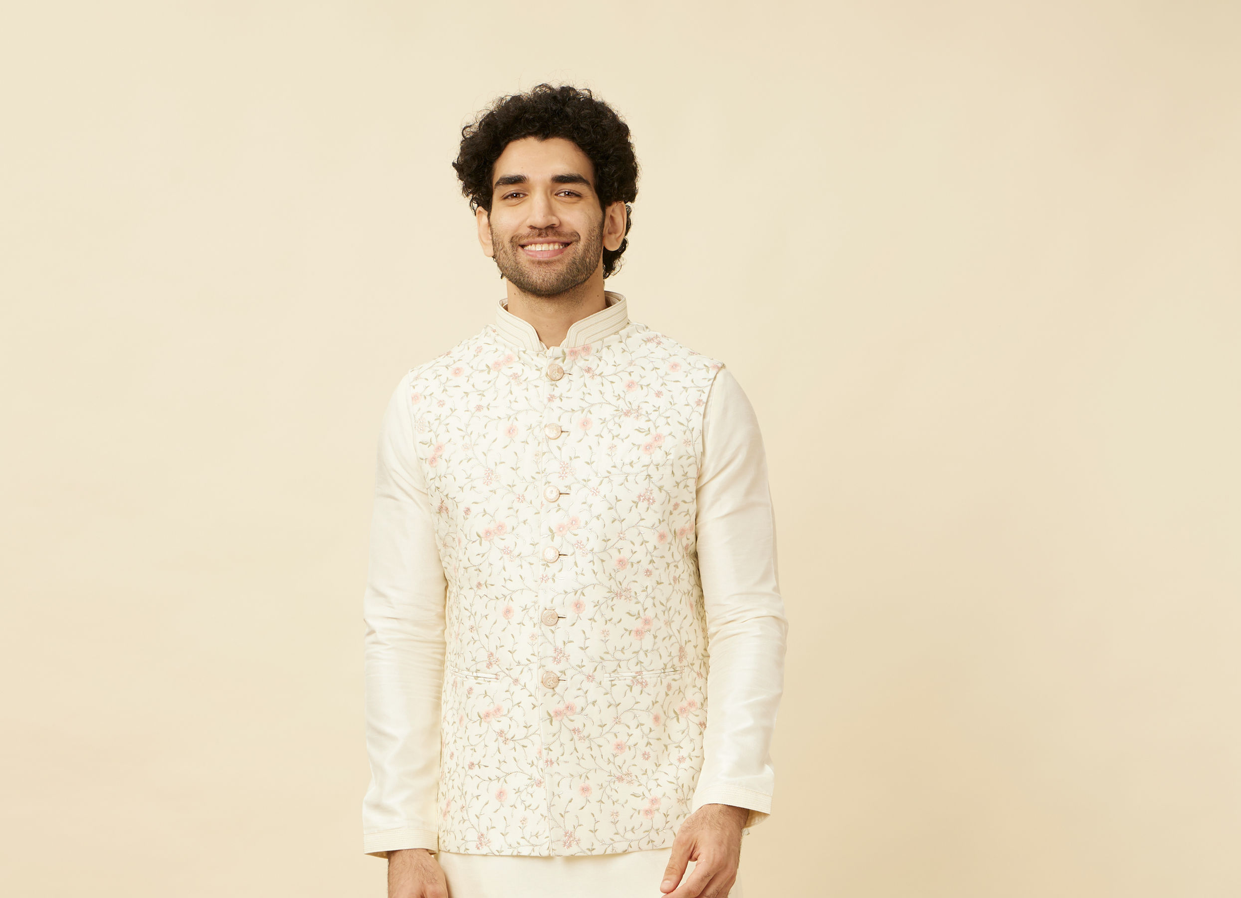 Twamev Men Cream Embroidered Kurta Jacket Set