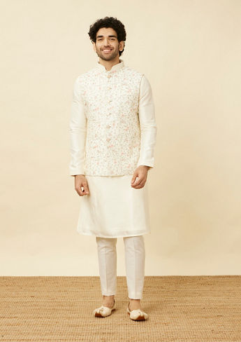 alt message - Twamev Men Cream Embroidered Kurta Jacket Set image number 3