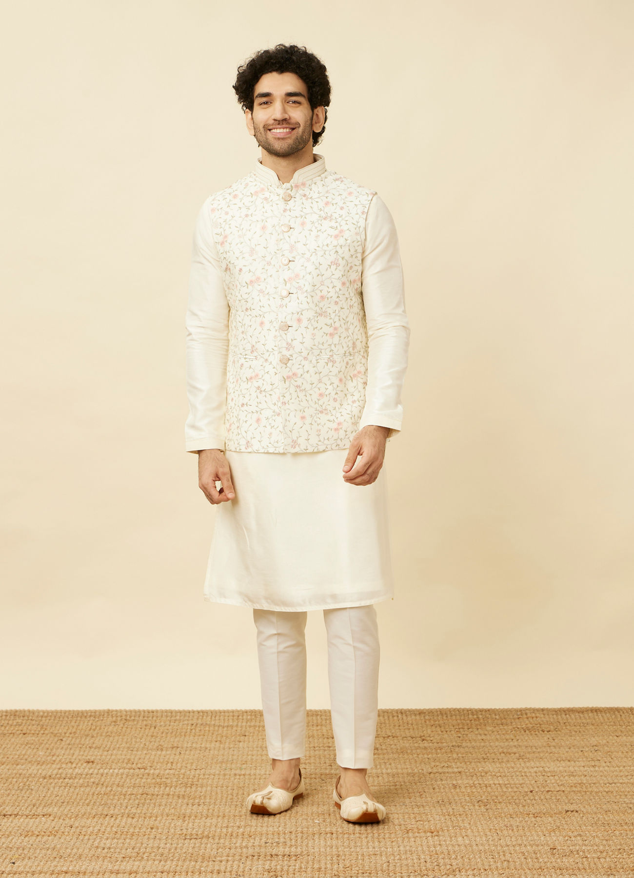 Twamev Men Cream Embroidered Kurta Jacket Set