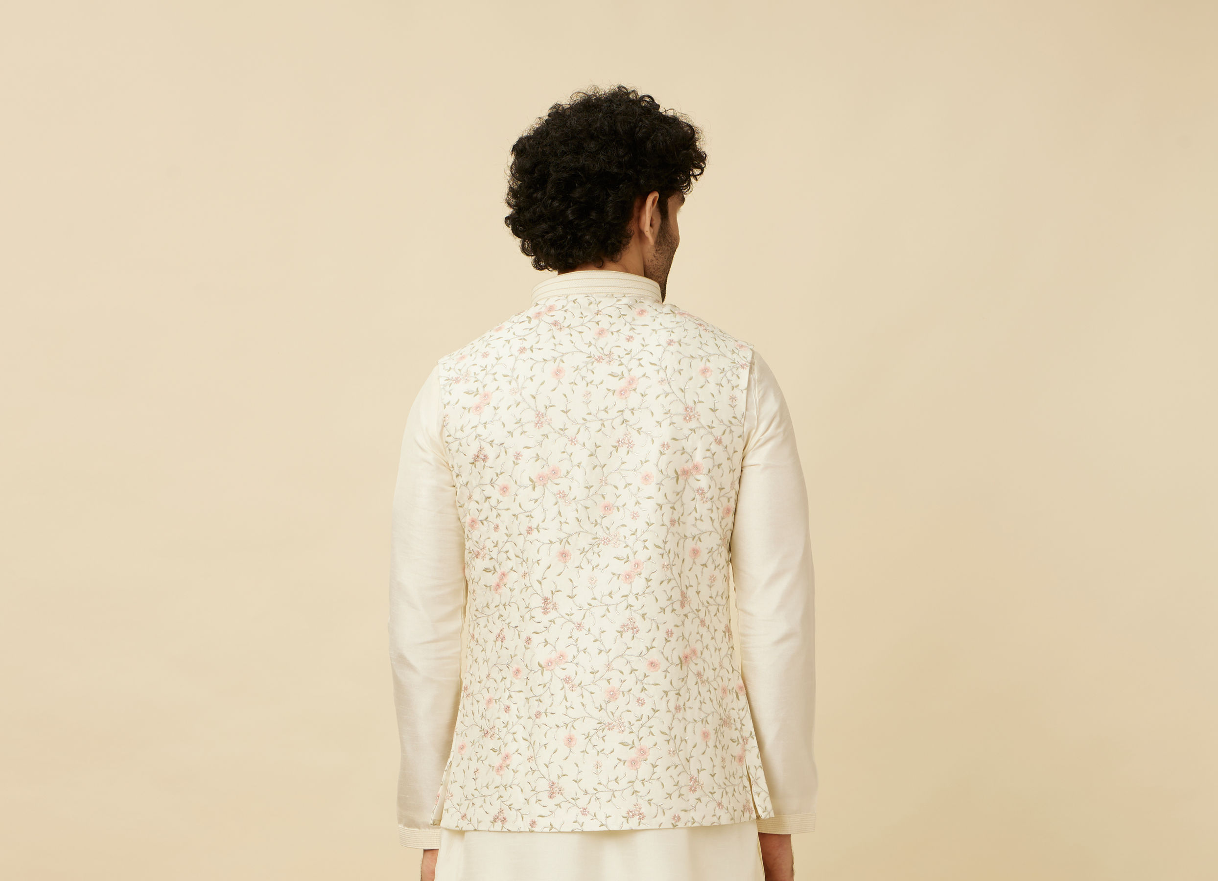 Twamev Men Cream Embroidered Kurta Jacket Set