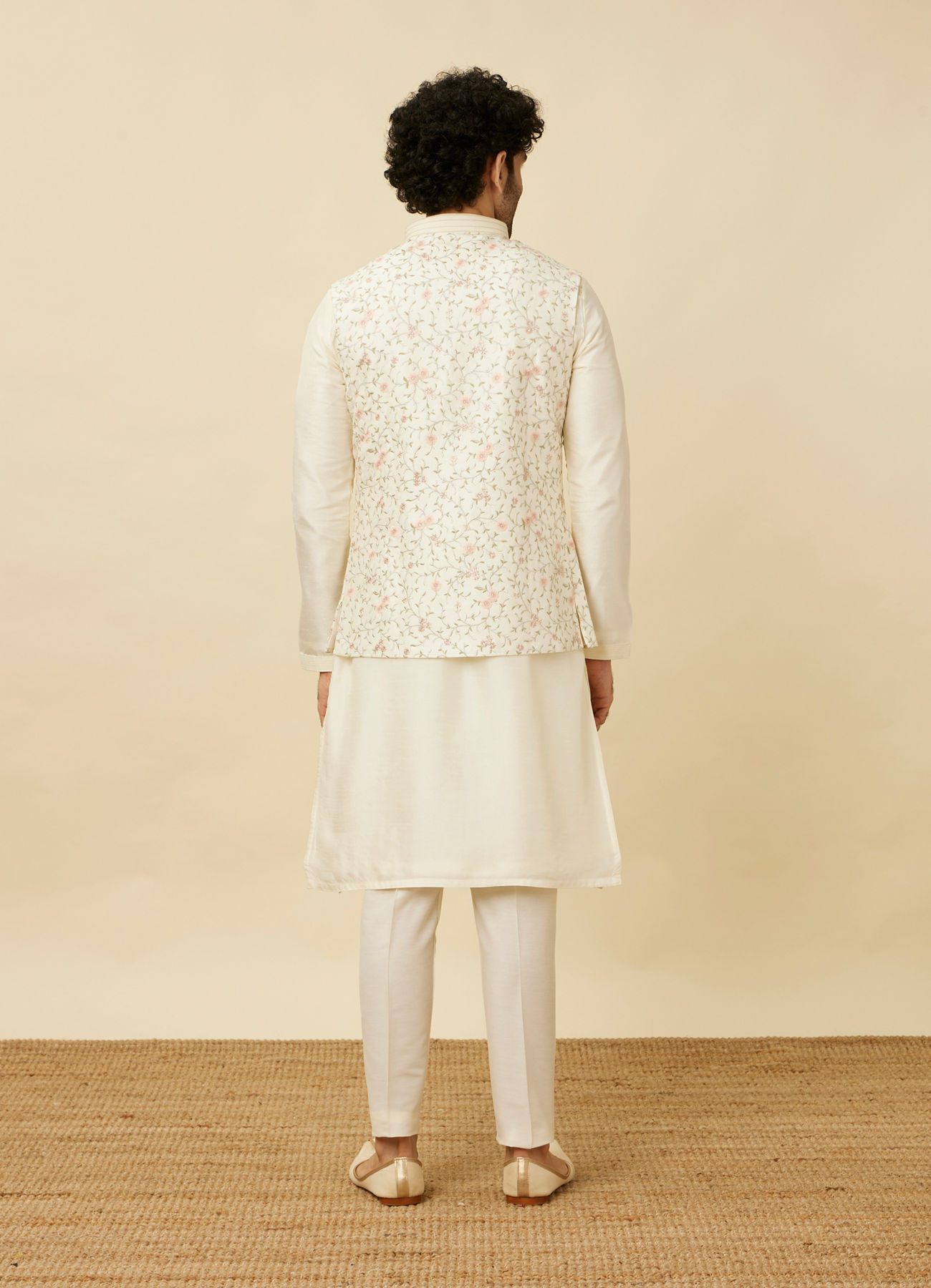 Twamev Men Cream Embroidered Kurta Jacket Set