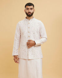 Twamev Men Baby Pink Floral Jaal Embroidered Jacket Set with Striped Collar