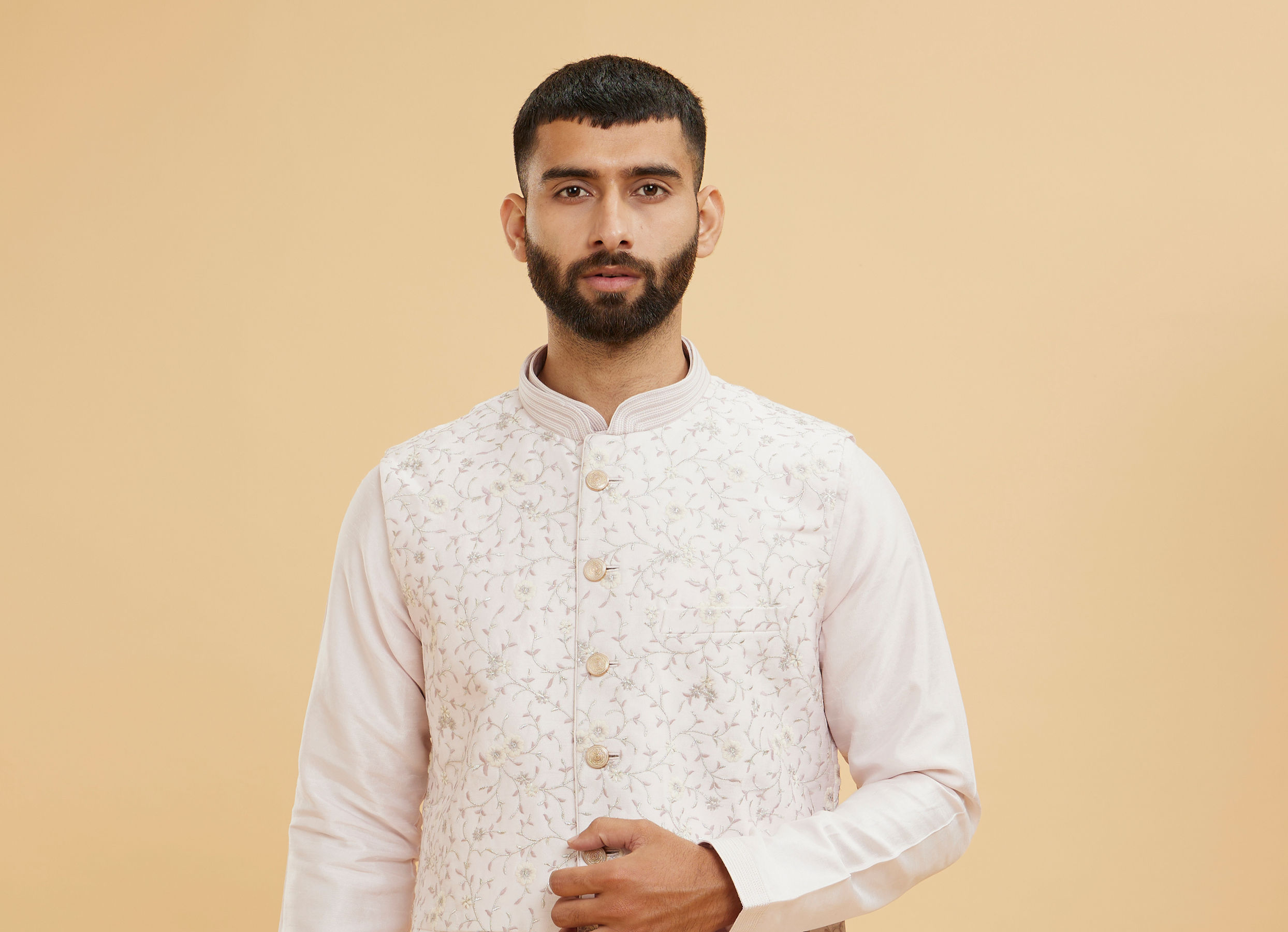 Twamev Men Baby Pink Floral Jaal Embroidered Jacket Set with Striped Collar