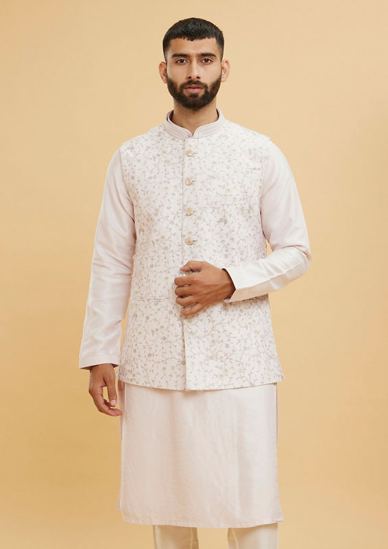 Twamev Men Baby Pink Floral Jaal Embroidered Jacket Set with Striped Collar