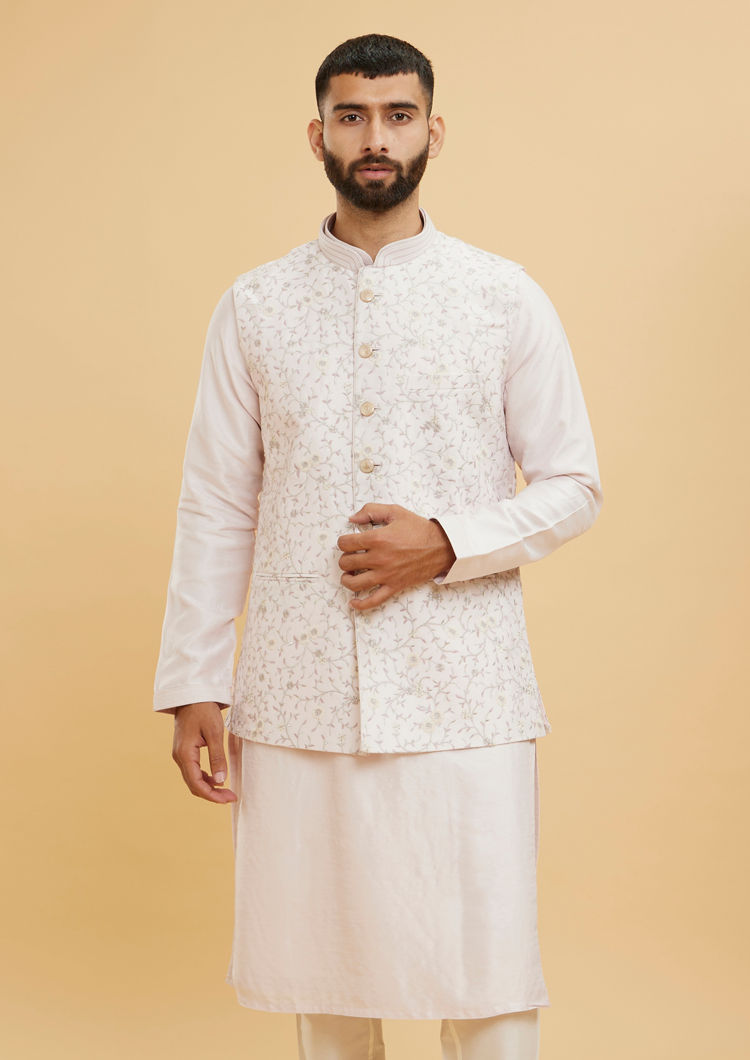 Twamev Men Baby Pink Floral Jaal Embroidered Jacket Set with Striped Collar