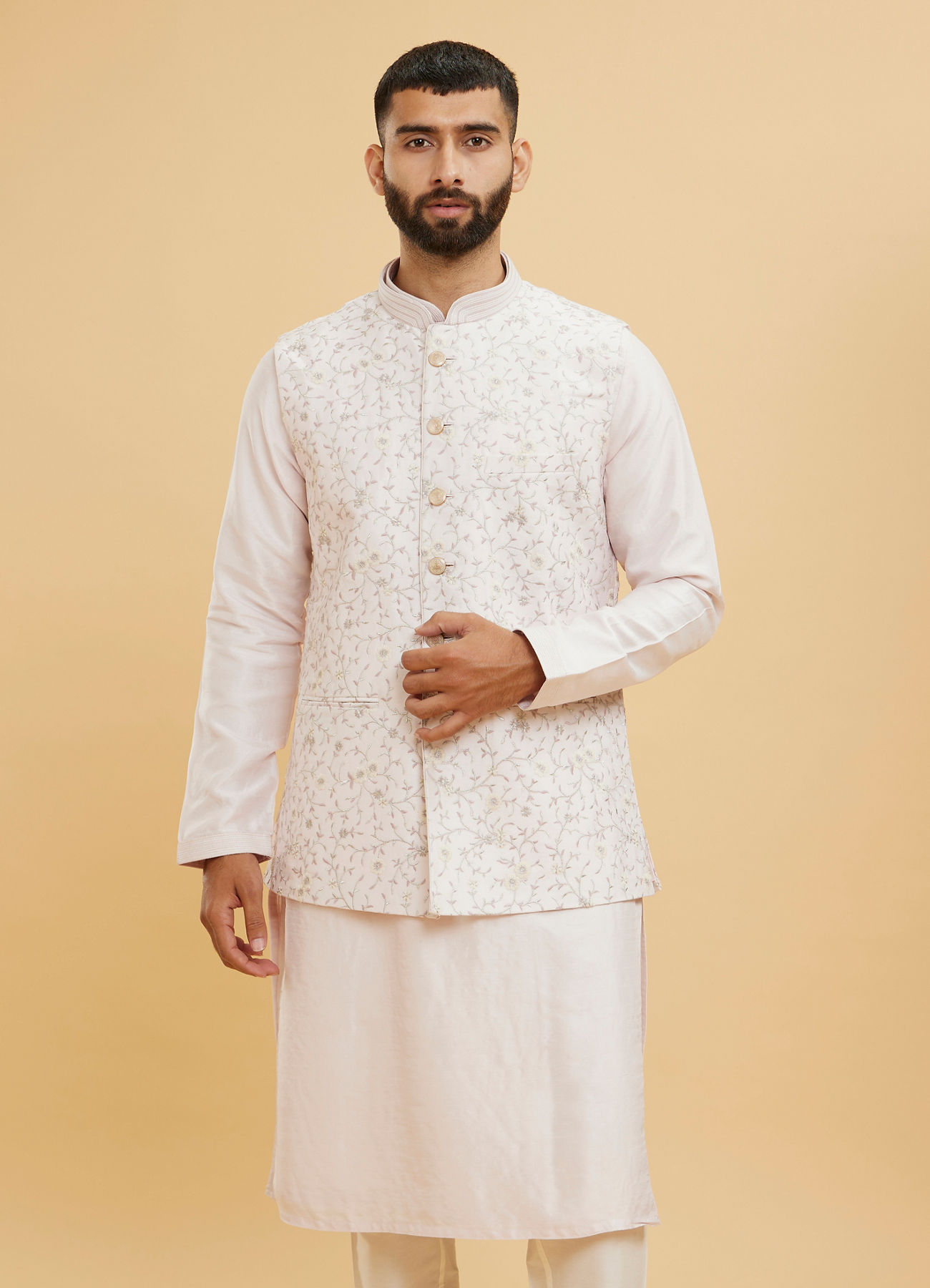 Twamev Men Baby Pink Floral Jaal Embroidered Jacket Set with Striped Collar