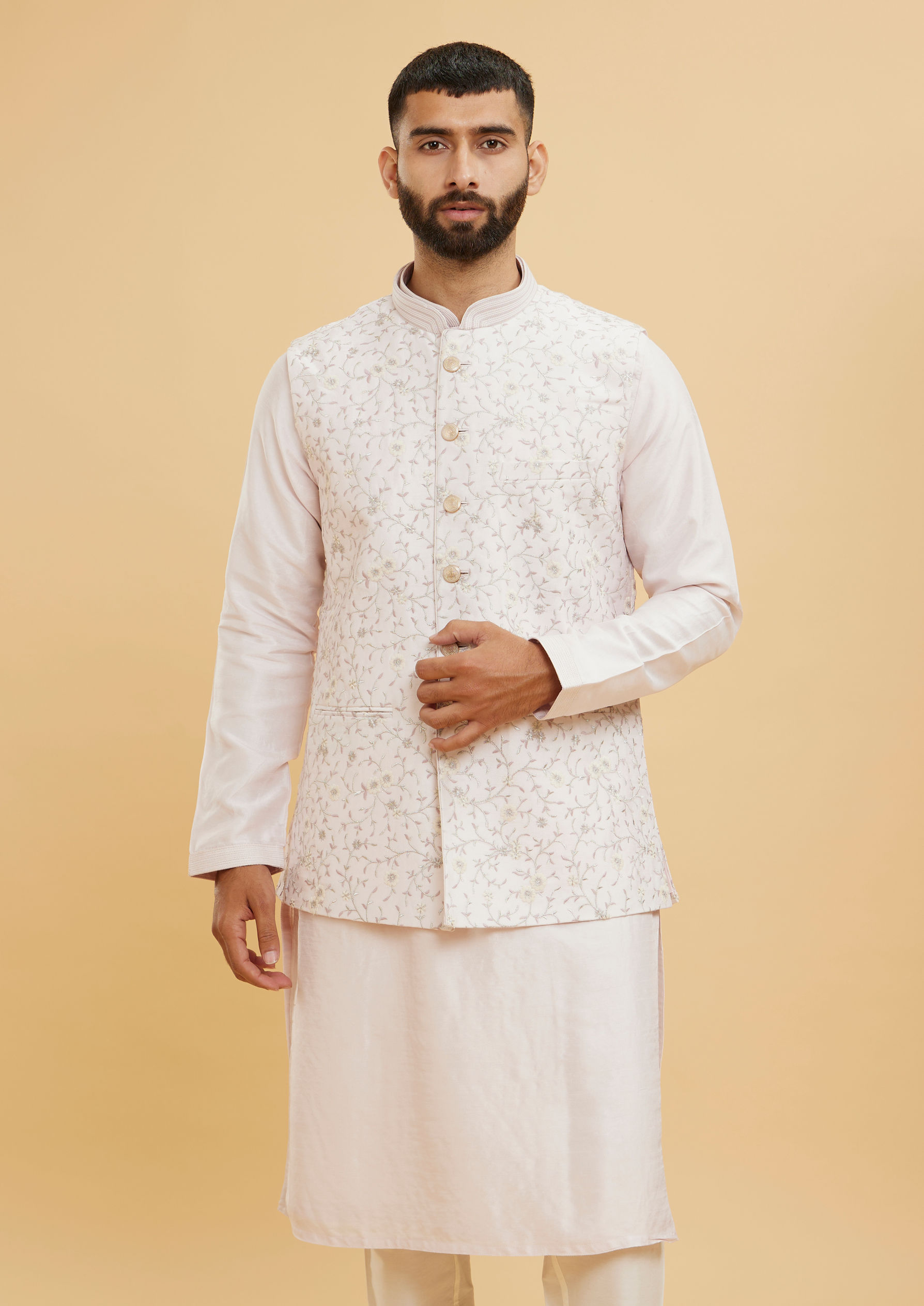 Twamev Men Baby Pink Floral Jaal Embroidered Jacket Set with Striped Collar