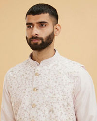 Twamev Men Baby Pink Floral Jaal Embroidered Jacket Set with Striped Collar