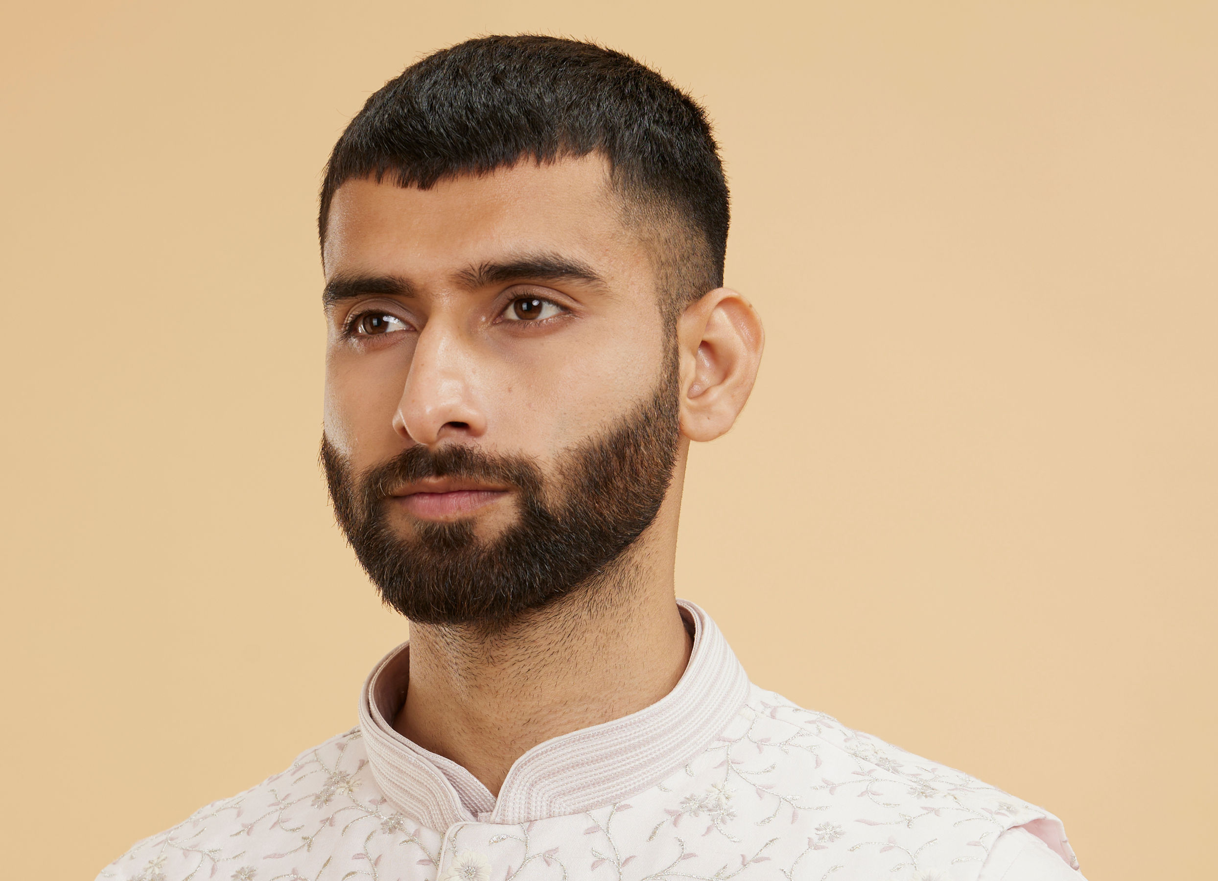 Twamev Men Baby Pink Floral Jaal Embroidered Jacket Set with Striped Collar