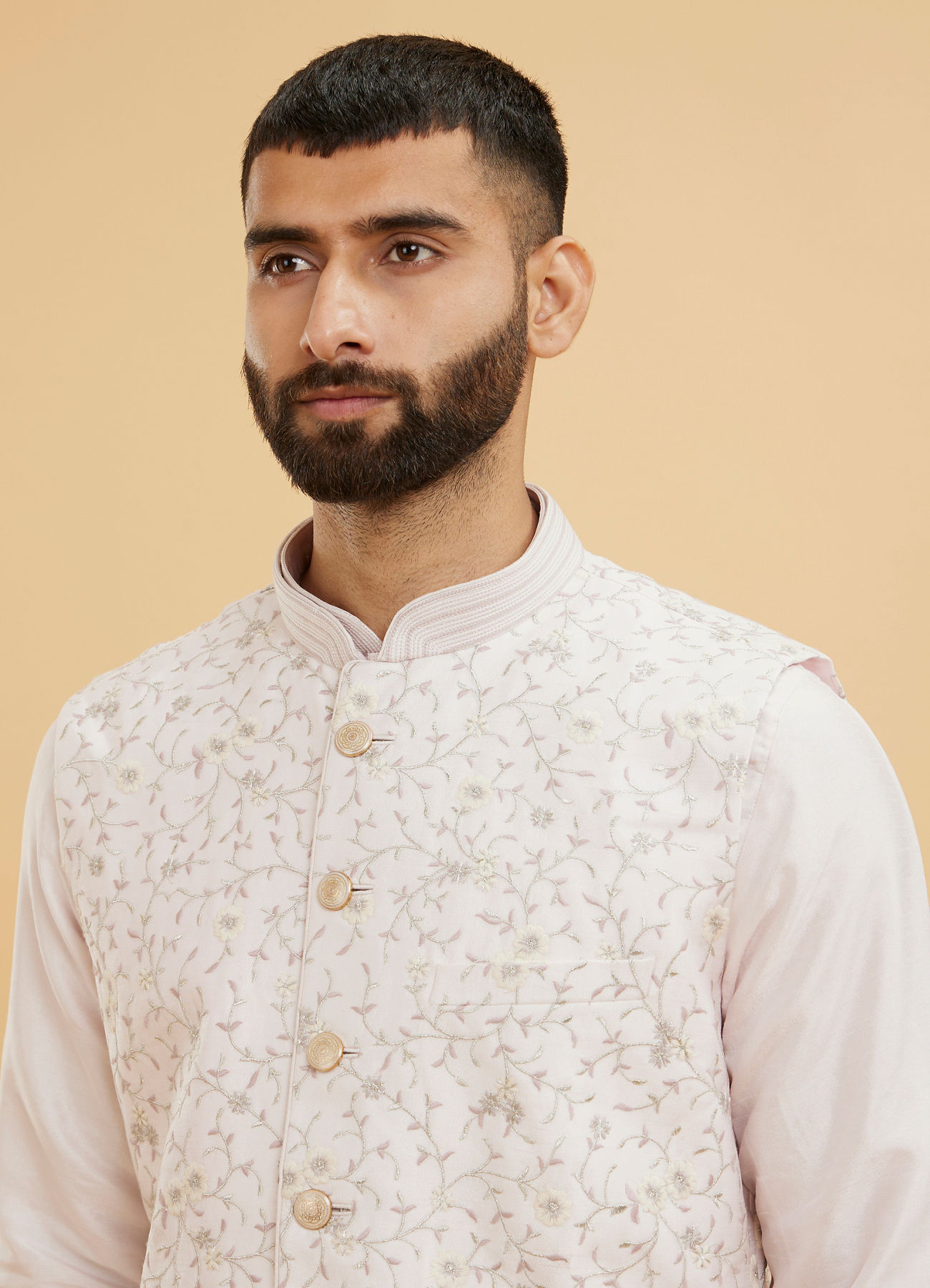 Twamev Men Baby Pink Floral Jaal Embroidered Jacket Set with Striped Collar