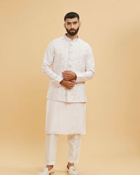 Twamev Men Baby Pink Floral Jaal Embroidered Jacket Set with Striped Collar