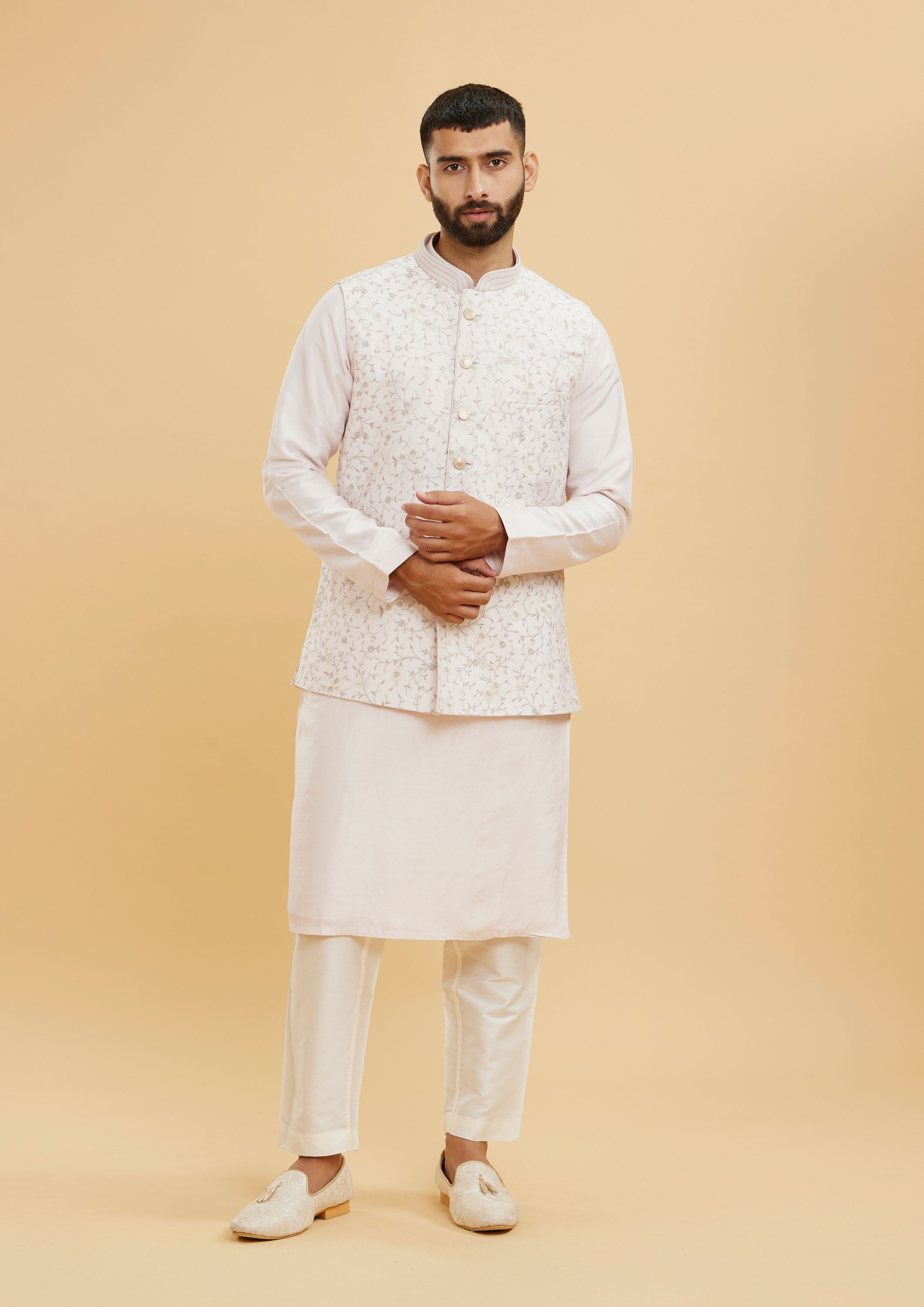 Twamev Men Baby Pink Floral Jaal Embroidered Jacket Set with Striped Collar