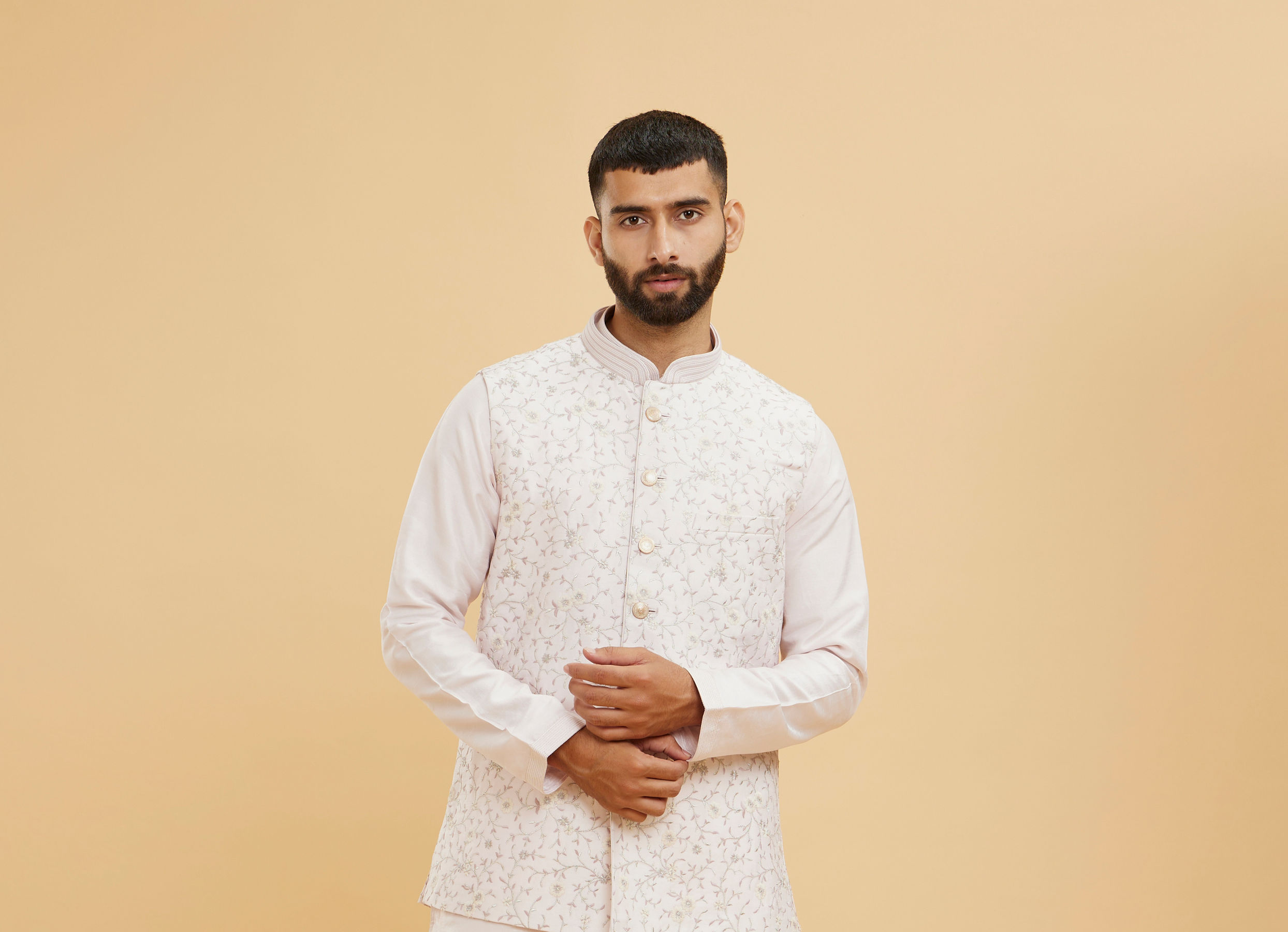 Twamev Men Baby Pink Floral Jaal Embroidered Jacket Set with Striped Collar