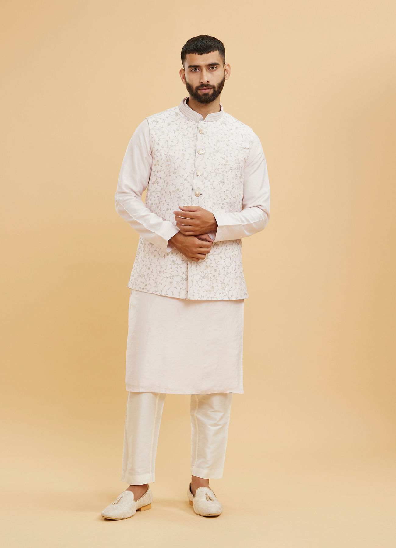 Twamev Men Baby Pink Floral Jaal Embroidered Jacket Set with Striped Collar