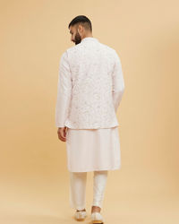 Twamev Men Baby Pink Floral Jaal Embroidered Jacket Set with Striped Collar