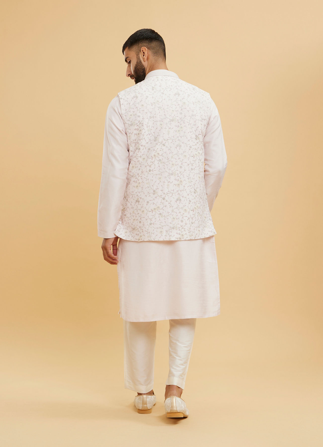 Twamev Men Baby Pink Floral Jaal Embroidered Jacket Set with Striped Collar