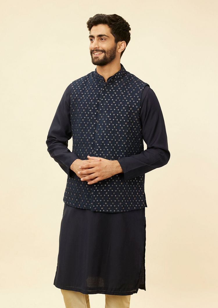 Twamev Men Dark Blue Elegance Kurta Jacket Set image number 0