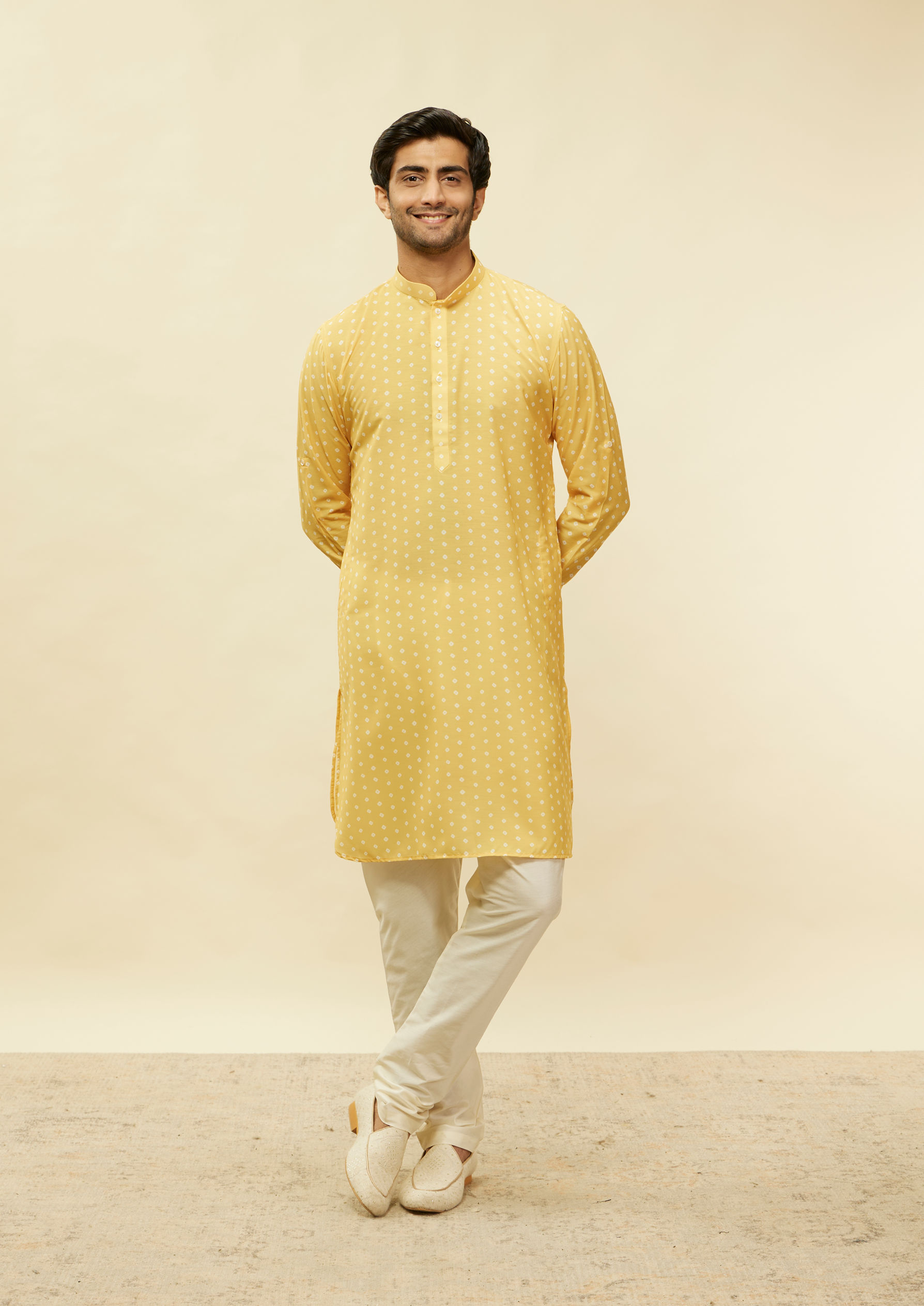 Twamev Men Artistic Bandhani Inspired Yellow Jacket Set