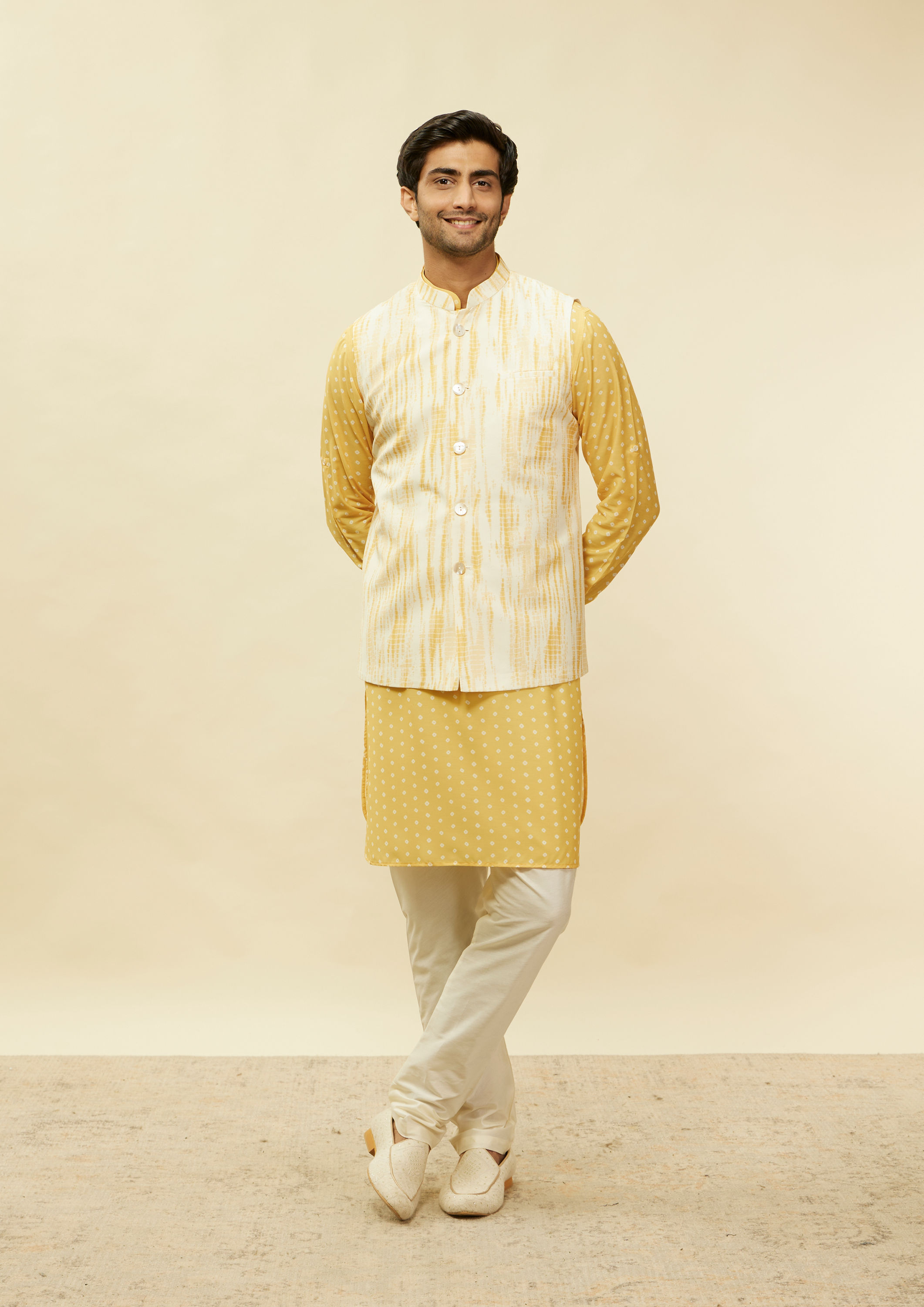 Twamev Men Artistic Bandhani Inspired Yellow Jacket Set