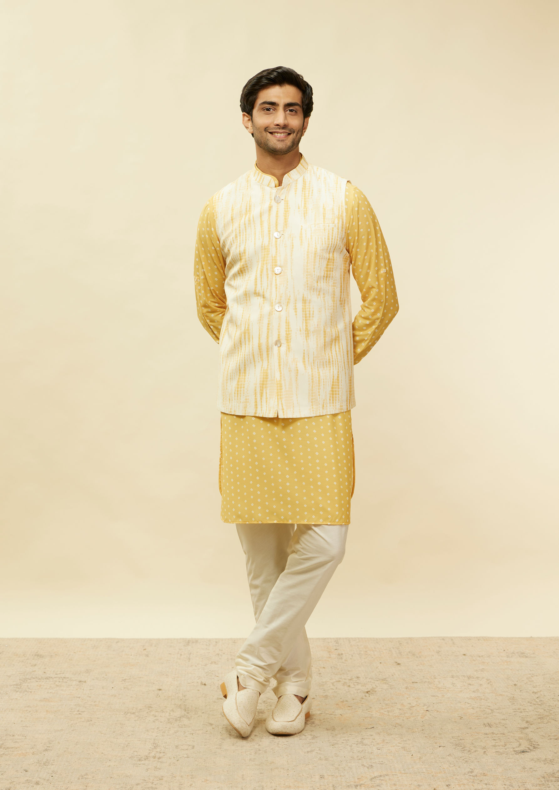 Twamev Men Artistic Bandhani Inspired Yellow Jacket Set