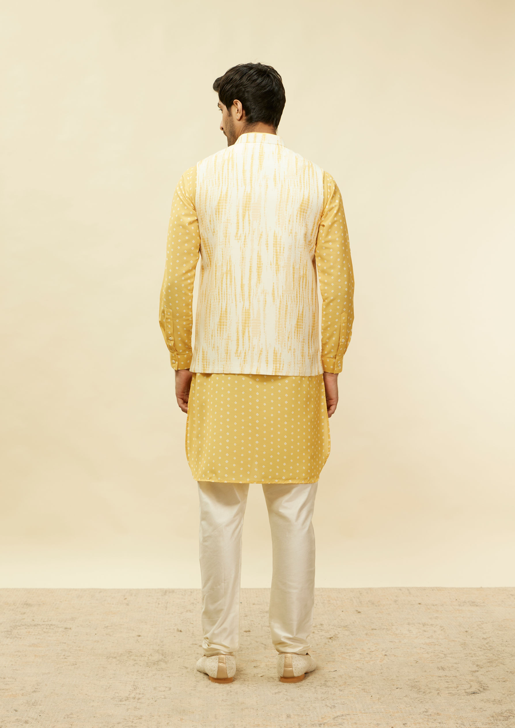 Twamev Men Artistic Bandhani Inspired Yellow Jacket Set