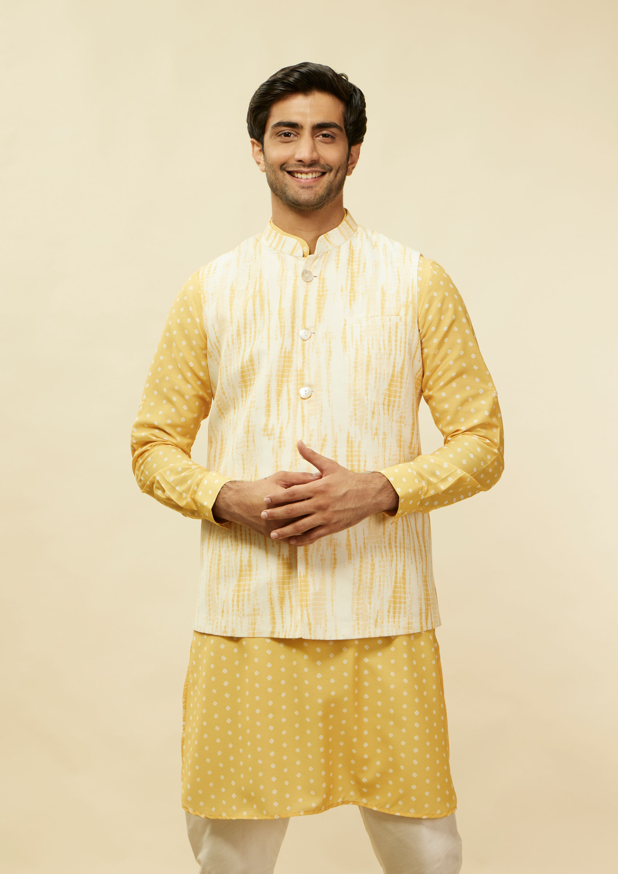 Twamev Men Artistic Bandhani Inspired Yellow Jacket Set