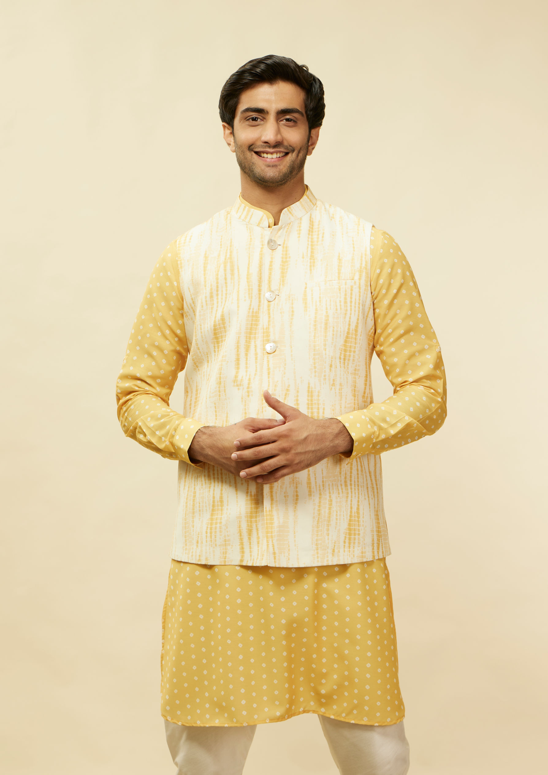 Twamev Men Artistic Bandhani Inspired Yellow Jacket Set