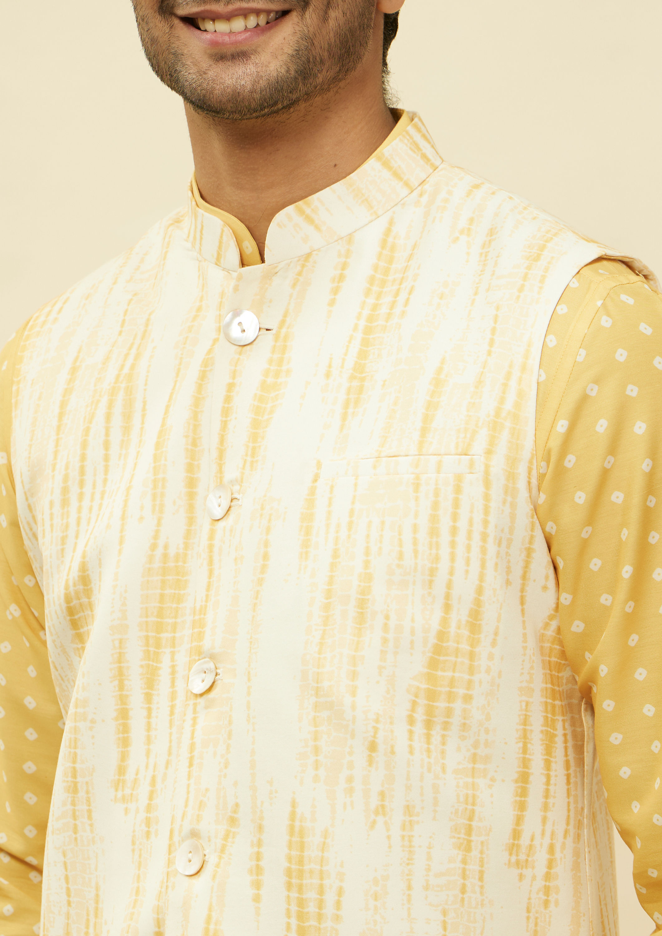 Twamev Men Artistic Bandhani Inspired Yellow Jacket Set