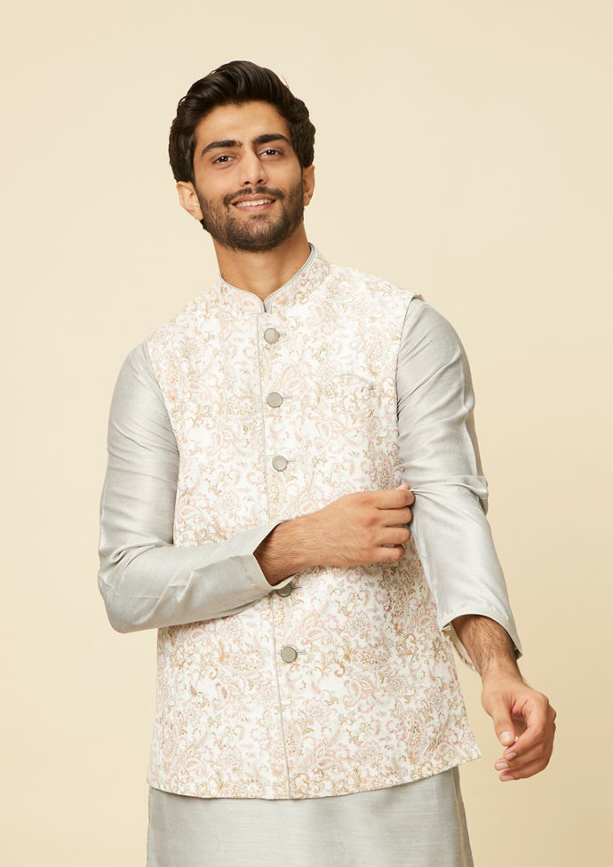 Twamev Men Warm White Light Grey Floral Bel Buti Patterned Jacket