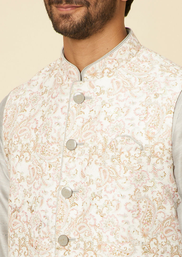 Twamev Men Warm White Light Grey Floral Bel Buti Patterned Jacket