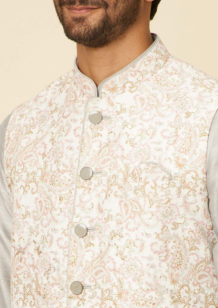 Twamev Men Warm White Light Grey Floral Bel Buti Patterned Jacket