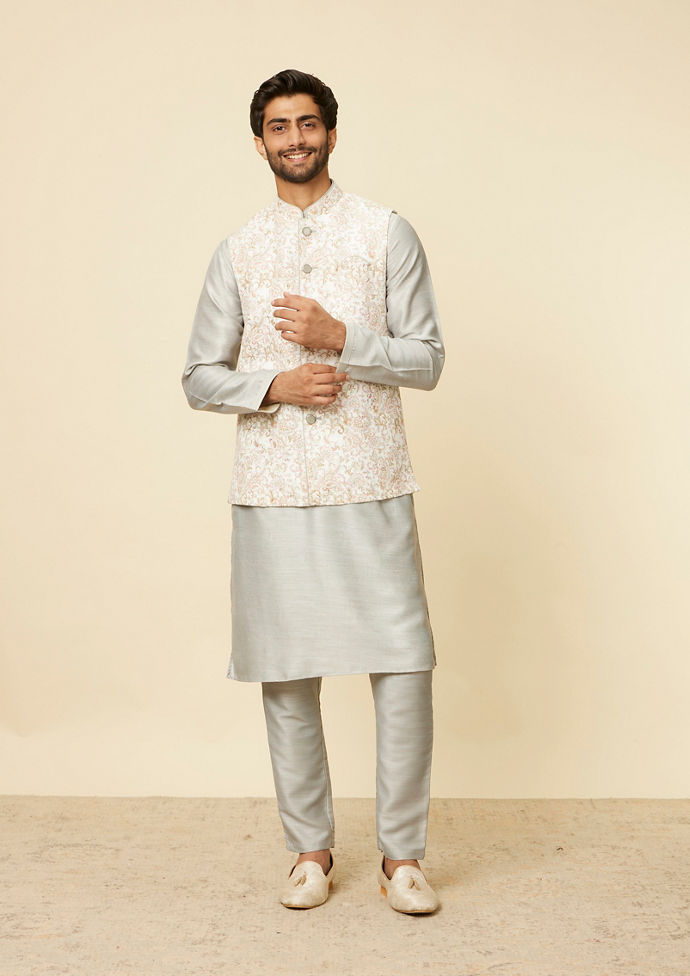 Twamev Men Warm White Light Grey Floral Bel Buti Patterned Jacket