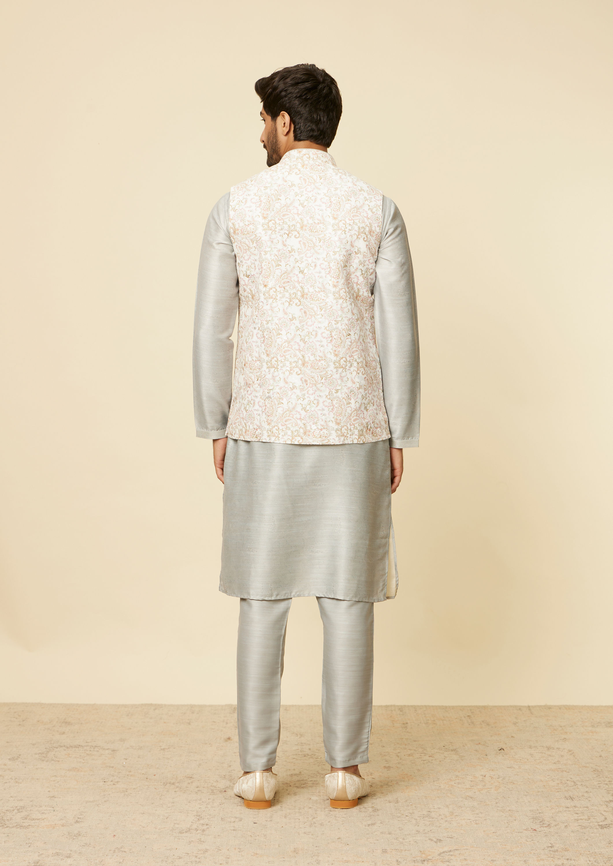 Twamev Men Warm White Light Grey Floral Bel Buti Patterned Jacket