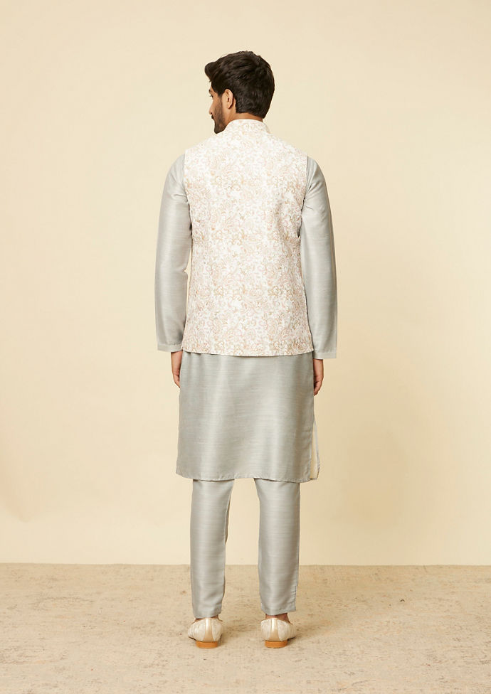 Twamev Men Warm White Light Grey Floral Bel Buti Patterned Jacket