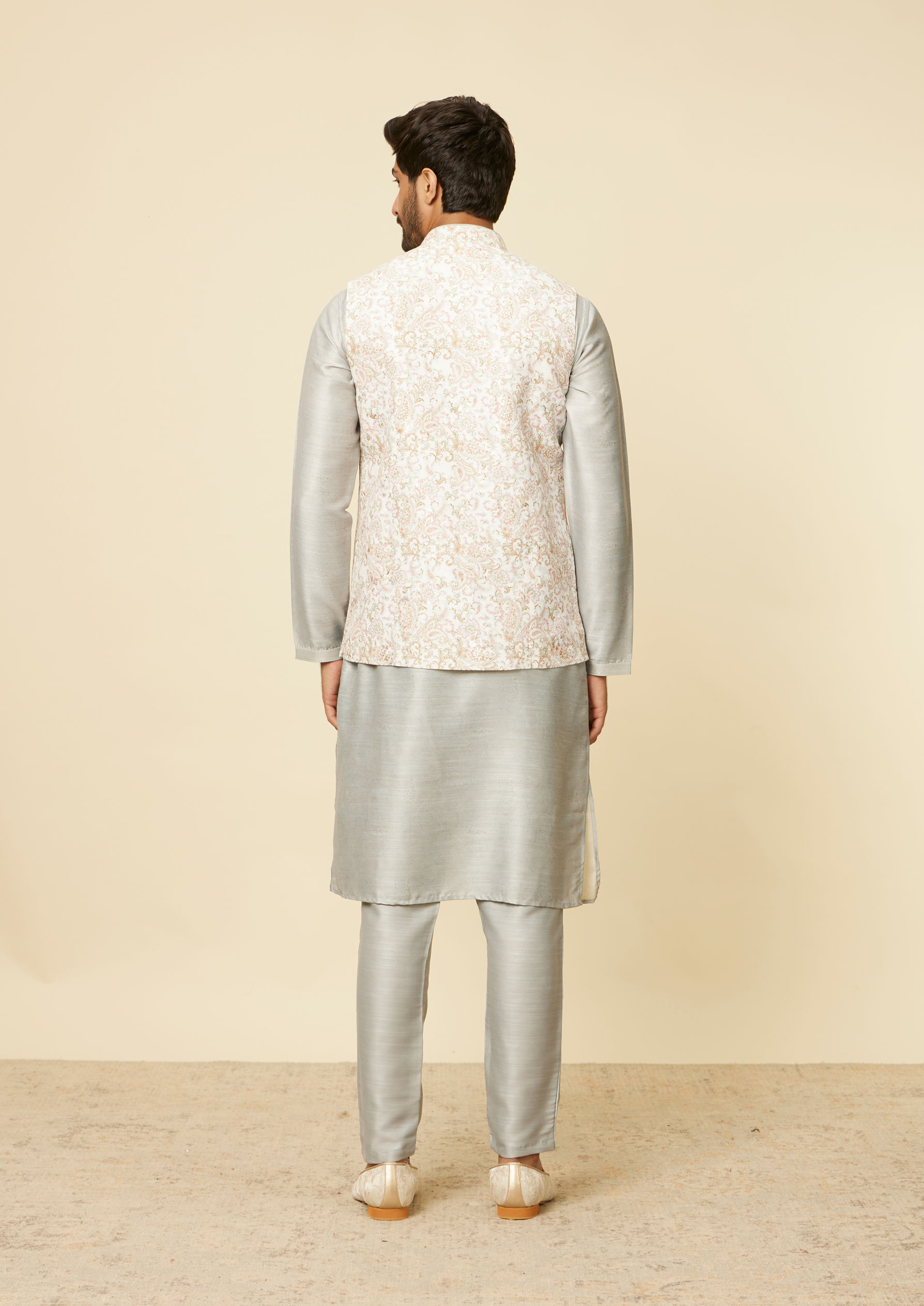 Twamev Men Warm White Light Grey Floral Bel Buti Patterned Jacket