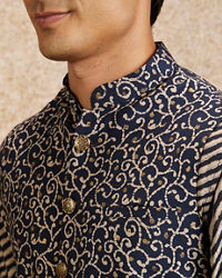 Twamev Men Dark Blue Bel Buti Patterned Kurta Jacket Set