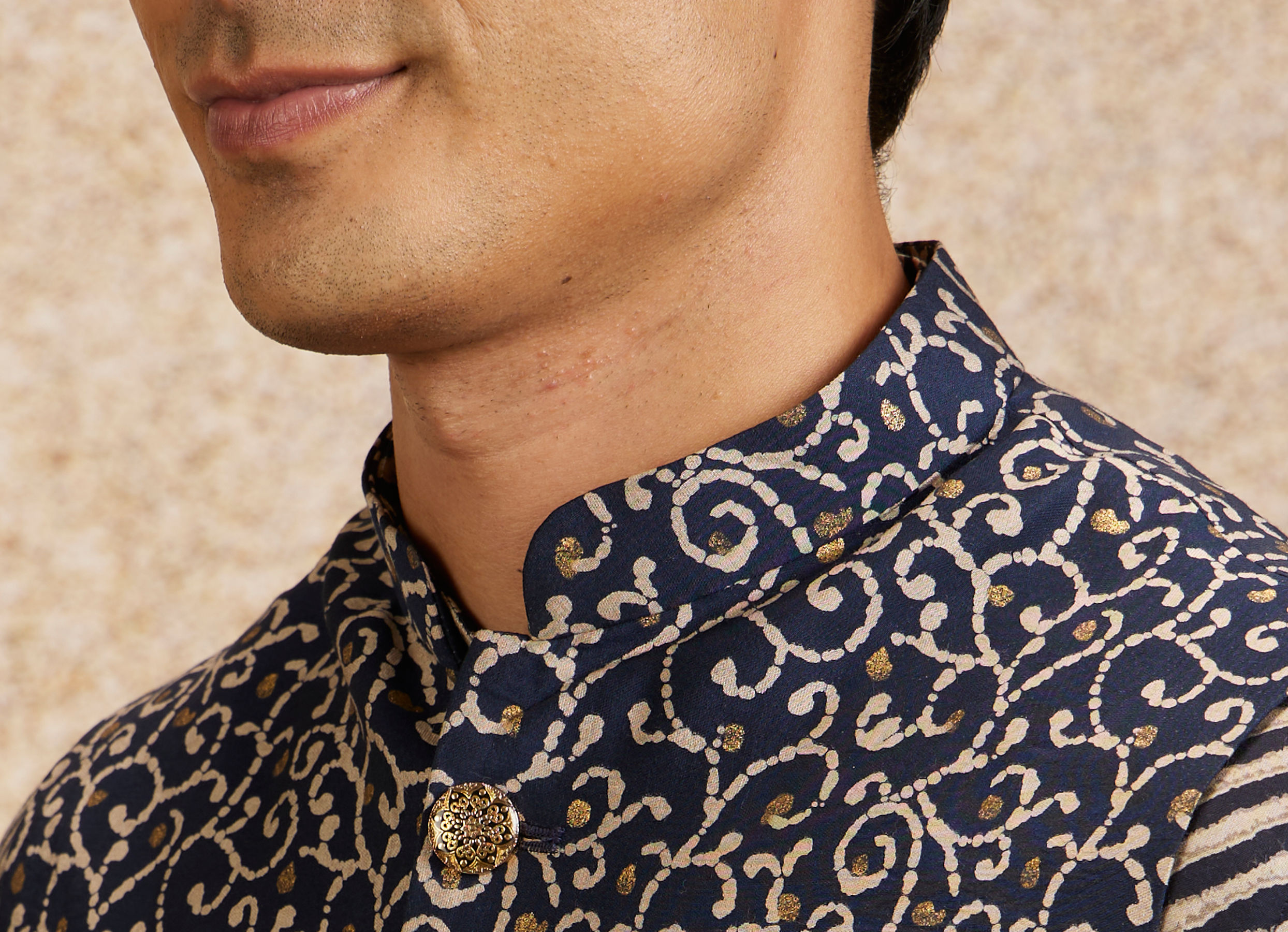 Twamev Men Dark Blue Bel Buti Patterned Kurta Jacket Set