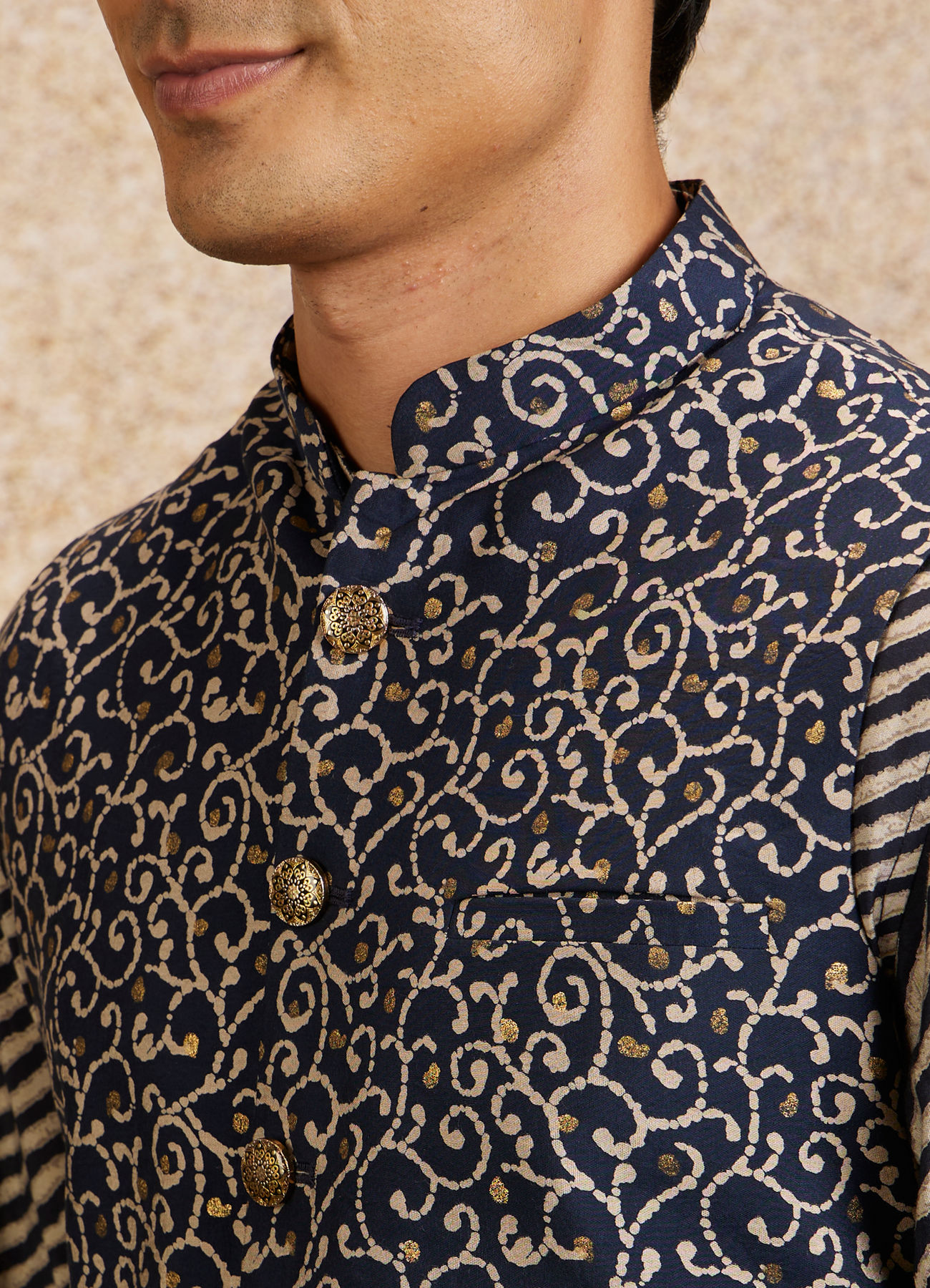 Twamev Men Dark Blue Bel Buti Patterned Kurta Jacket Set