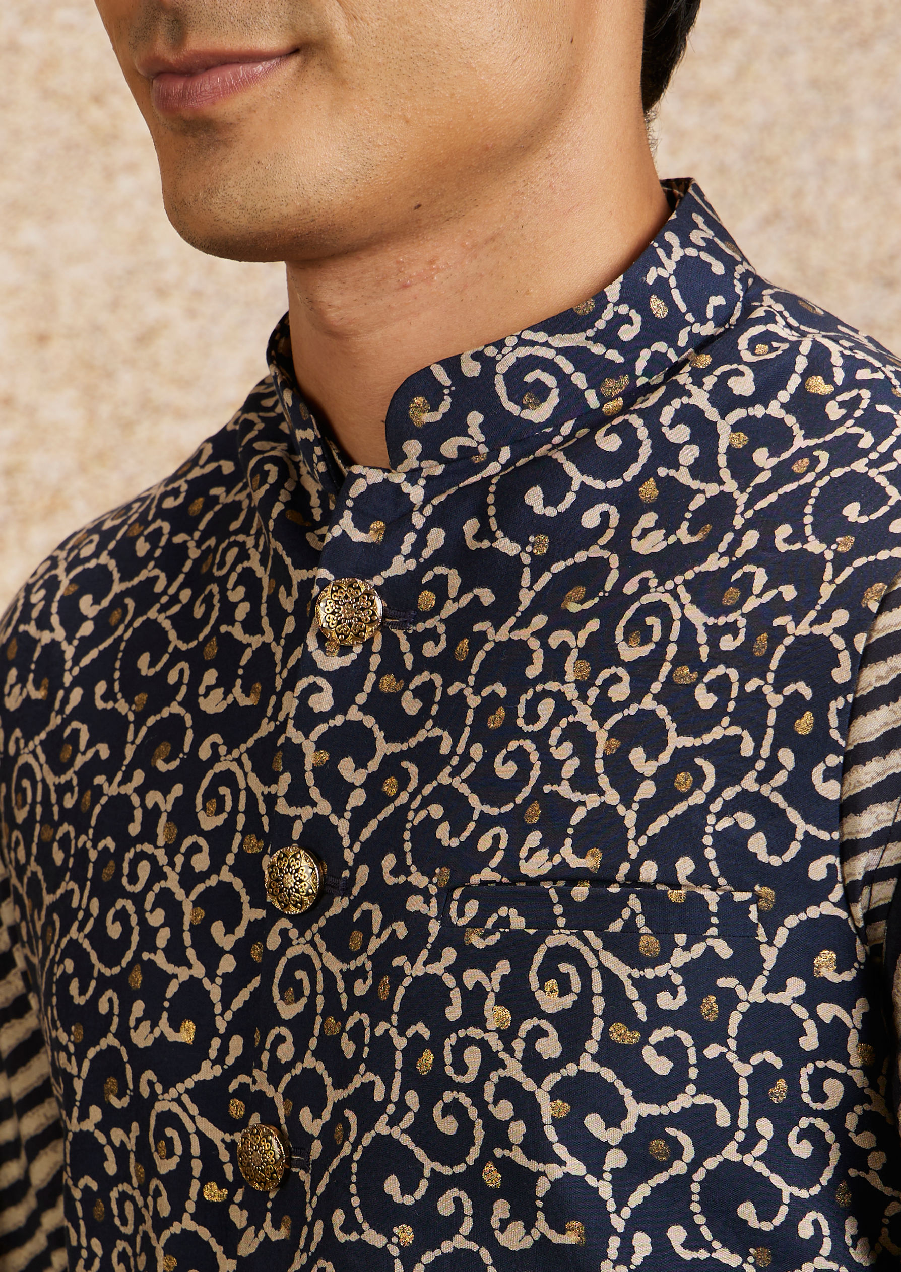 Twamev Men Dark Blue Bel Buti Patterned Kurta Jacket Set
