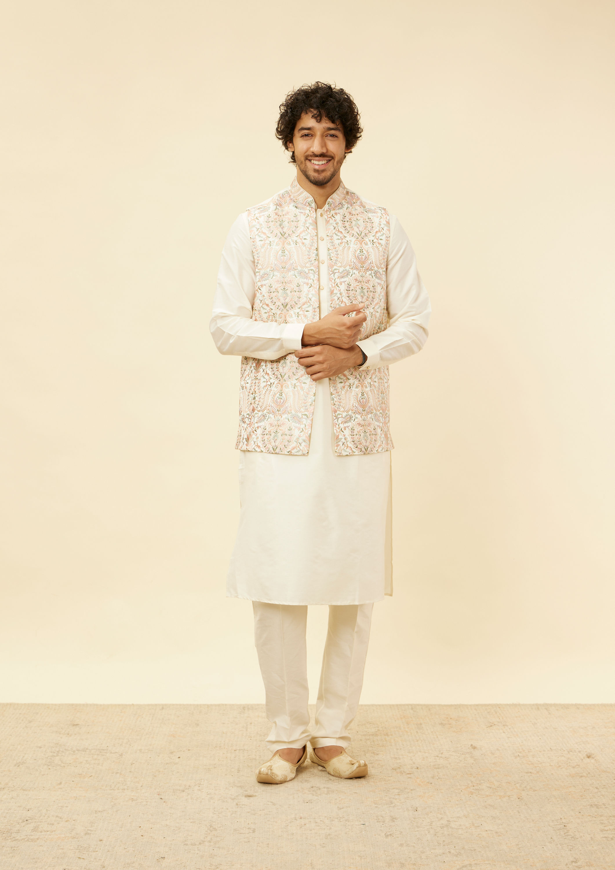 Twamev Men Cream Kaleidoscopic Patterned Kurta Jacket Set