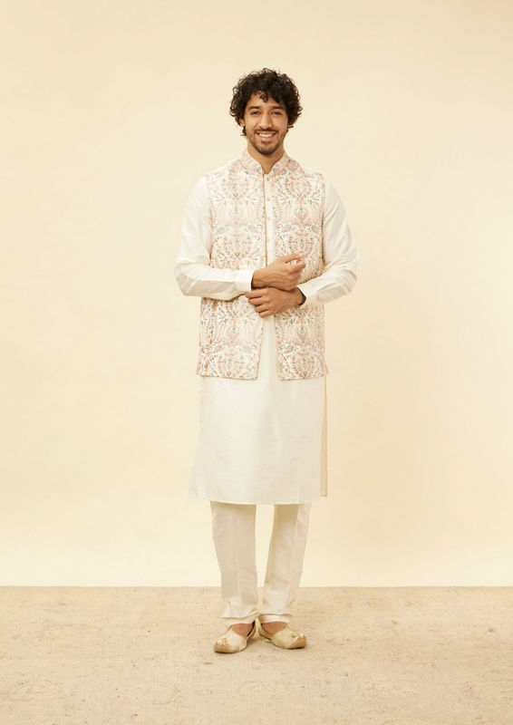 Twamev Men Cream Kaleidoscopic Patterned Kurta Jacket Set
