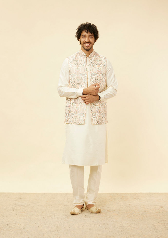 alt message - Twamev Men Cream Kaleidoscopic Patterned Kurta Jacket Set image number 3