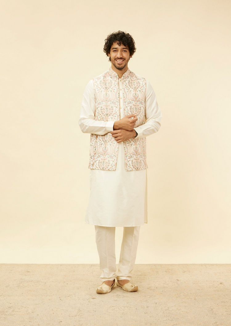 Twamev Men Cream Kaleidoscopic Patterned Kurta Jacket Set