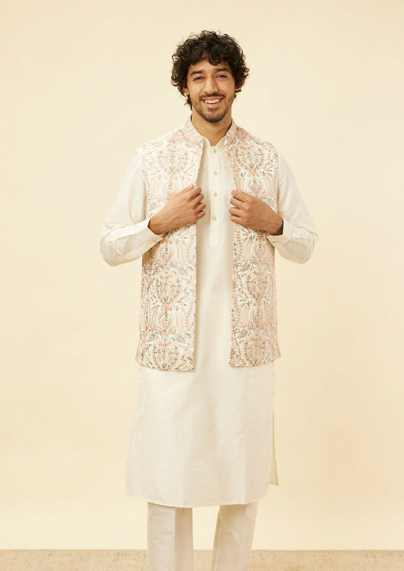 Twamev Men Cream Kaleidoscopic Patterned Kurta Jacket Set