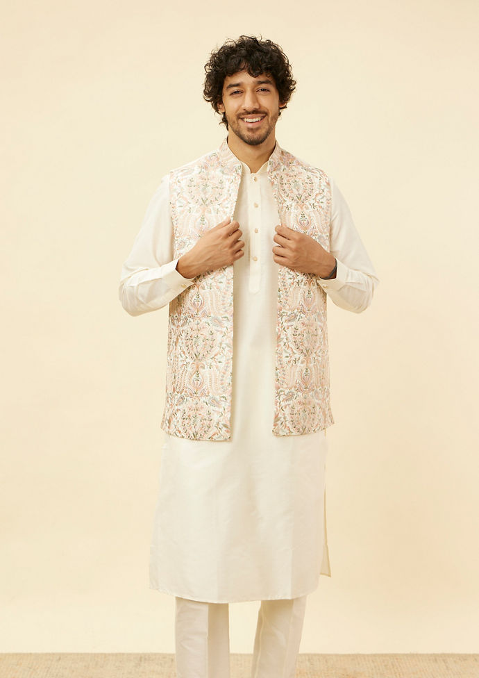 Twamev Men Beige Silk Resham Embroidered Kurta Jacket Set